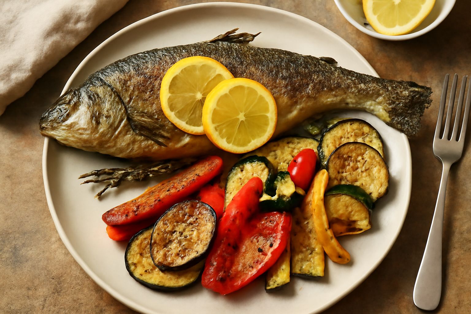 Due trote intere al forno su un piatto bianco, circondate da fettine di limone, prezzemolo fresco e rosmarino; la pelle dorata e croccante, il contorno di verdure grigliate sfumate