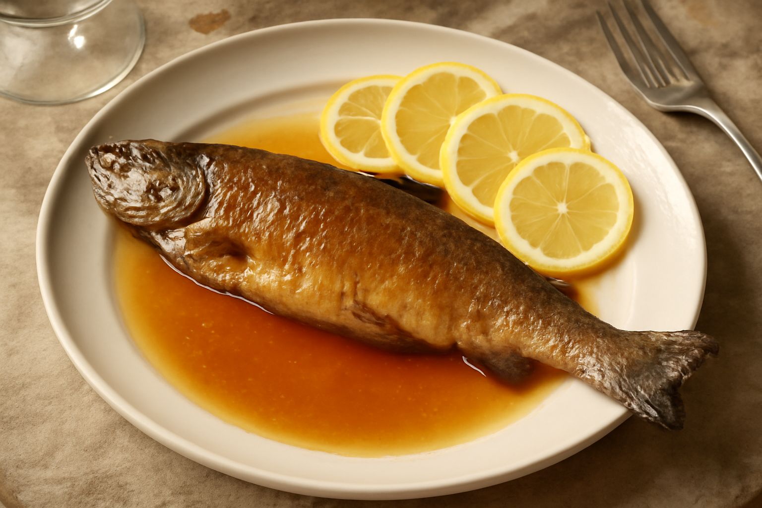 Due trote intere cotte, pelle dorata e leggermente croccante, bagnate da una glassa di vino bianco lucida e cremosa, guarnite con prezzemolo fresco e fettine sottili di limone giallo, su piatto bianco