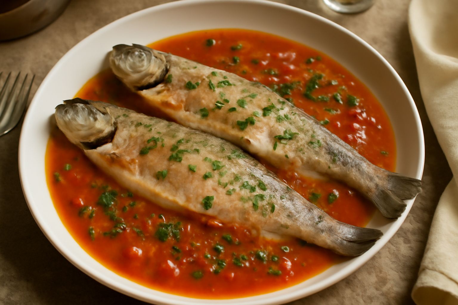 Due trote cotte intere in un brodetto rosso di pomodori, adagiate in un piatto fondo bianco con aglio, prezzemolo fresco e una fetta di limone, vapore ancora visibile sulla superficie.