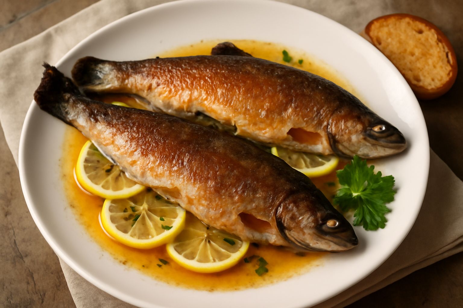 Due trote dorate e croccanti in una padella nera con burro bollente, fette di limone giallo e prezzemolo fresco verde accanto