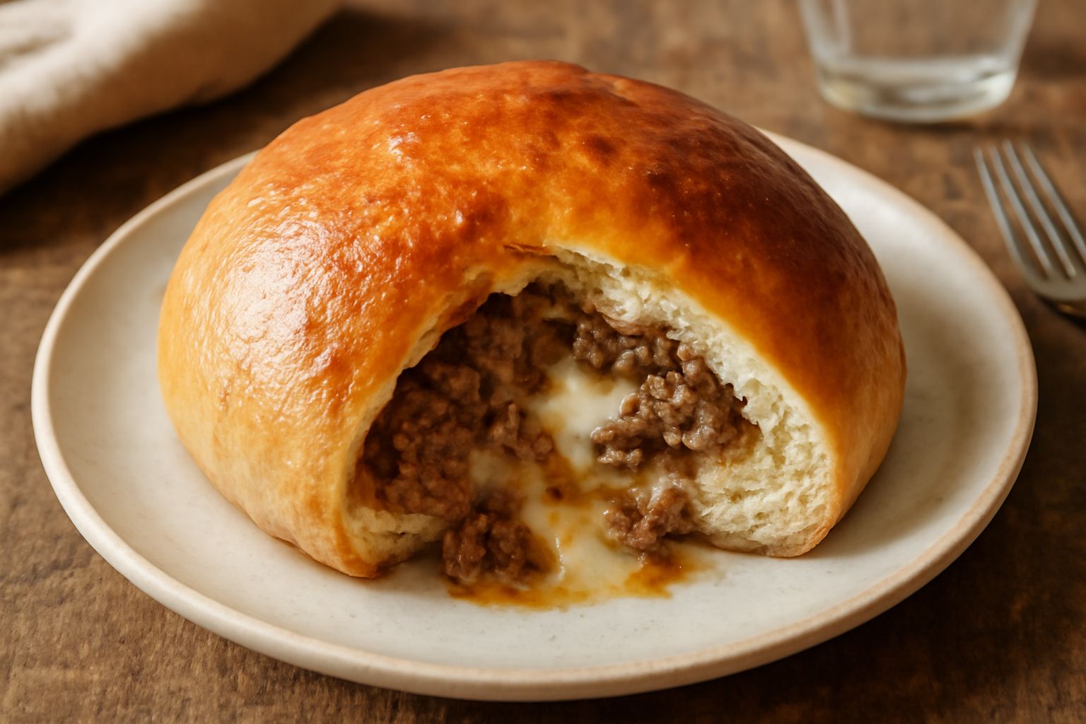 «Tuma ca' la carne» tagliata a fette su un piatto bianco, mostra il ripieno di carne macinata e cipolla dorata all'interno del pane gonfiato e dorato