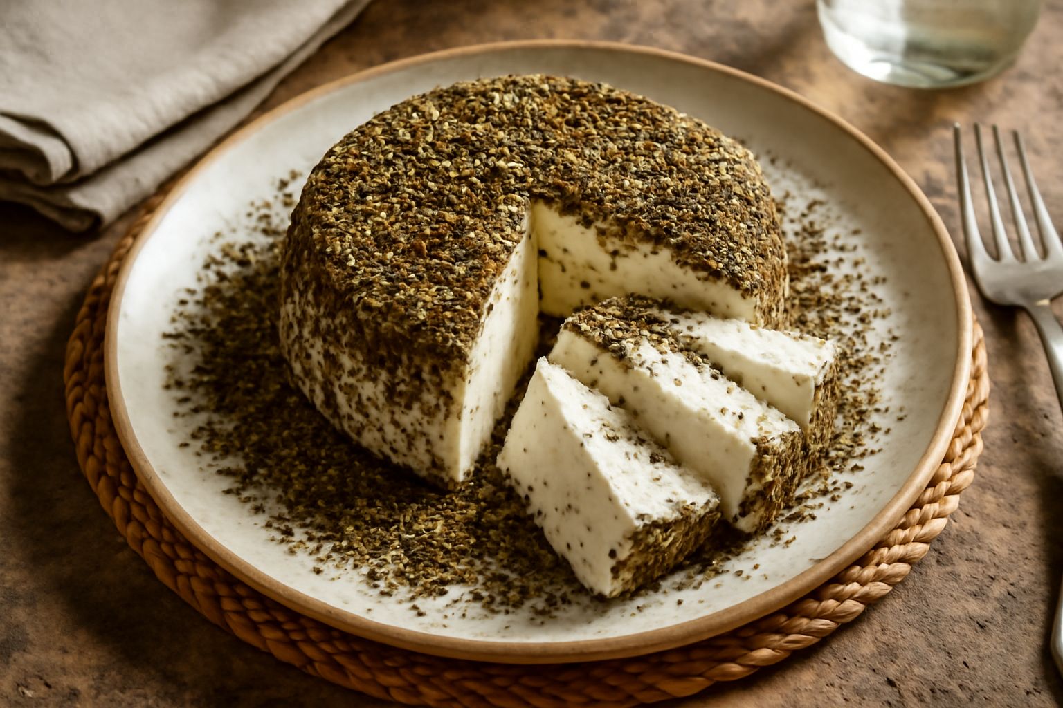 Formaggio fresco bianco e cremoso su piatto di ceramica, cosparso di erbe verdi fresche e origano secco, con accanto fette di pane tostato e pomodori rossi