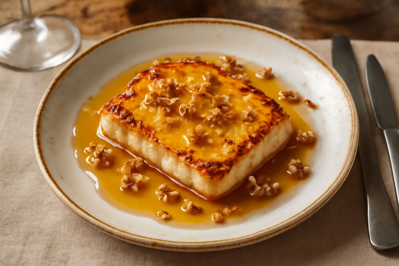 Piatto bianco con formaggio fresco bianco e cremoso ricoperto da filo di miele ambrato e dorato, con qualche goccia che scende sui lati, contorno di pane tostato