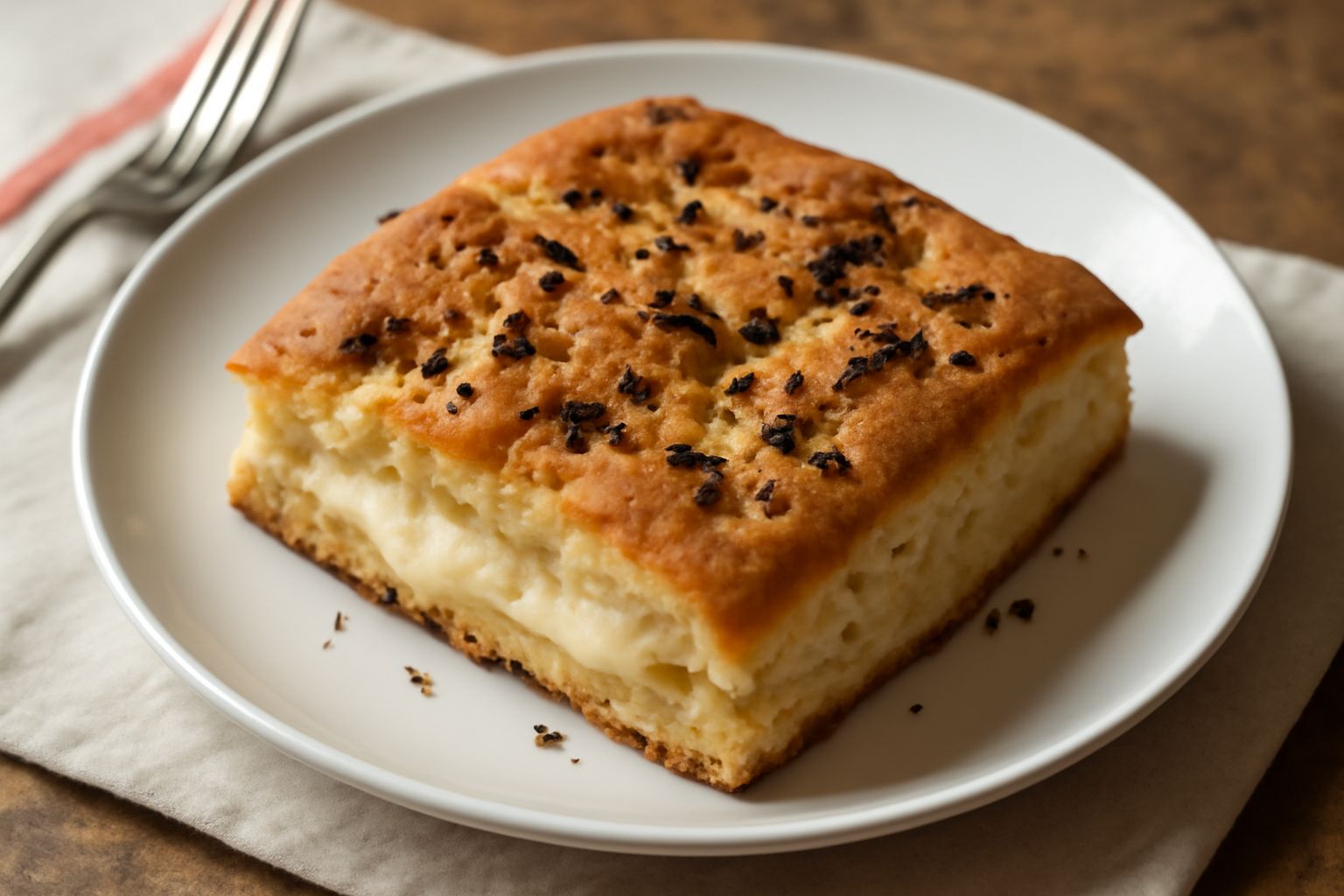 Focaccia quadrata dorata con crosta croccante, tagliata a metà per mostrare il ripieno di formaggio fresco filante e senape in superficie, su piano di legno.