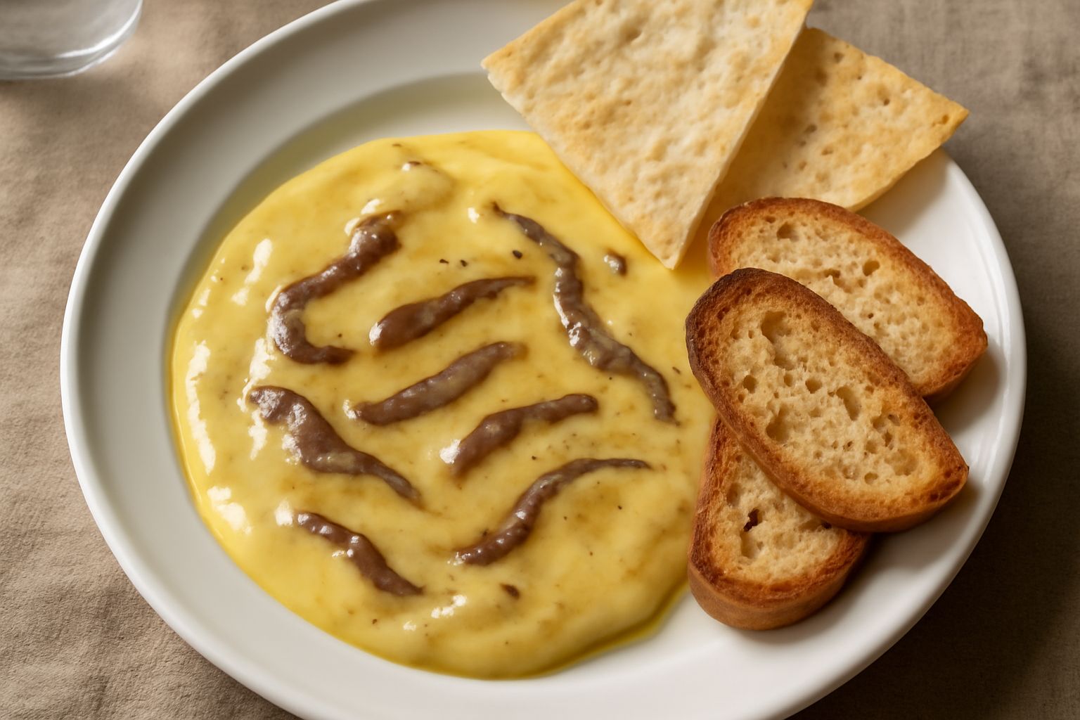 Tuma ca sardella cremosa in piatto bianco, formaggio giallo chiaro fuso con strisce scure di acciughe salate, guarnito con prezzemolo fresco e contorno di pane tostato ai lati