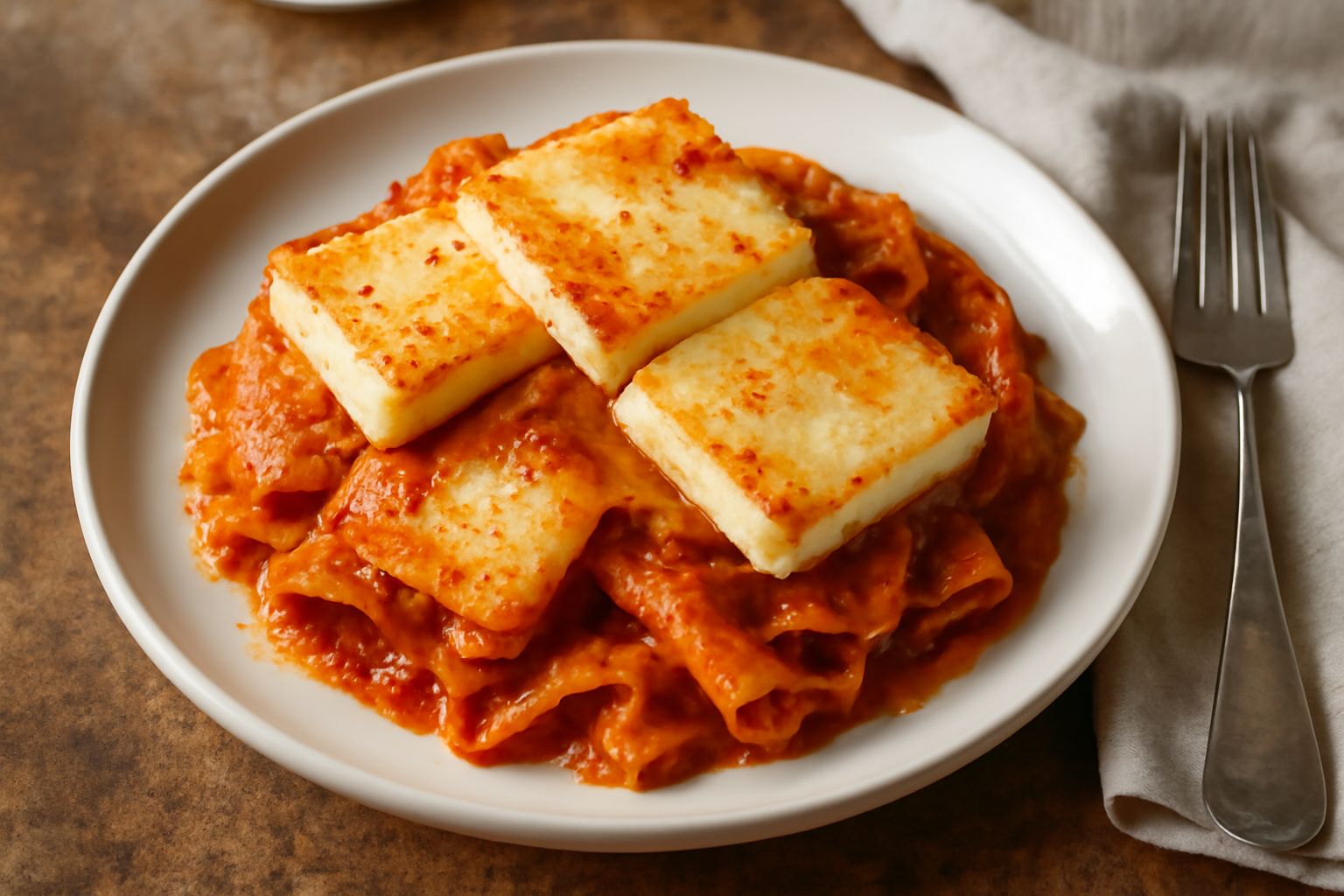 Tuma di pecora bianca e cremosa tagliata a fette su un piatto di ceramica, con una tazza di latte di pecora di sfondo e un panno di lino beige