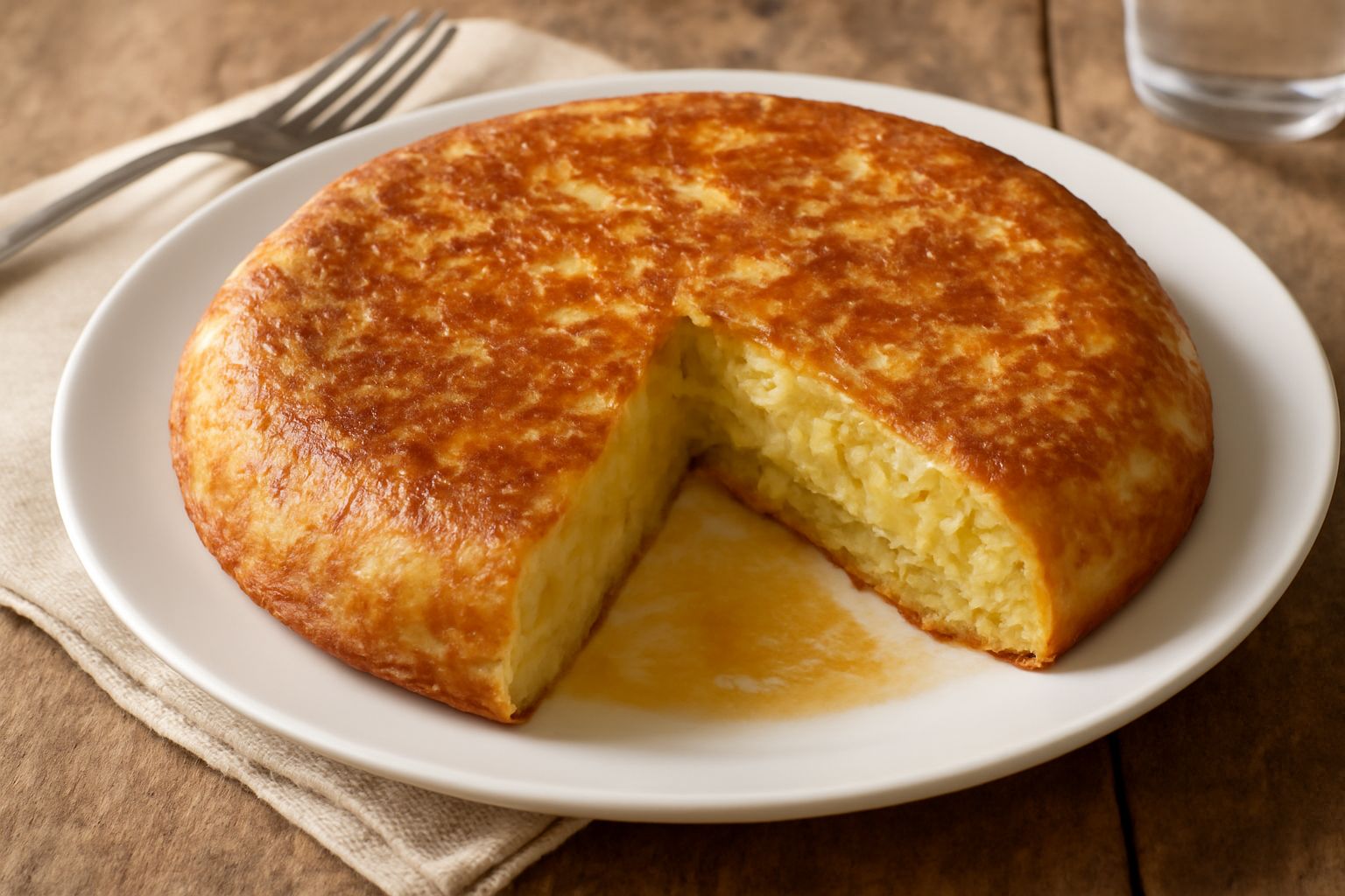 Una frittata di patate d'oro acceso in una padella di ghisa, con patate tagliate fini visibili nella sezione rotta, gocce d'olio lucido sulla superficie, servita in piatto bianco con contorno di insal