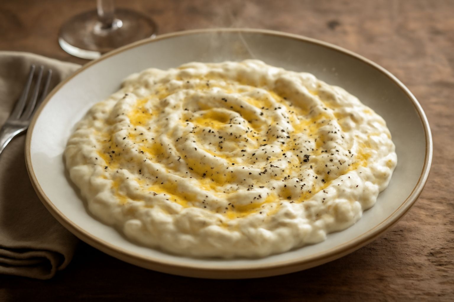 Un piatto bianco contenente una massa cremosa color avorio con striature gialle, servita ancora calda, con tracce di pepe nero in cima e contorno di pane casereccio tostato