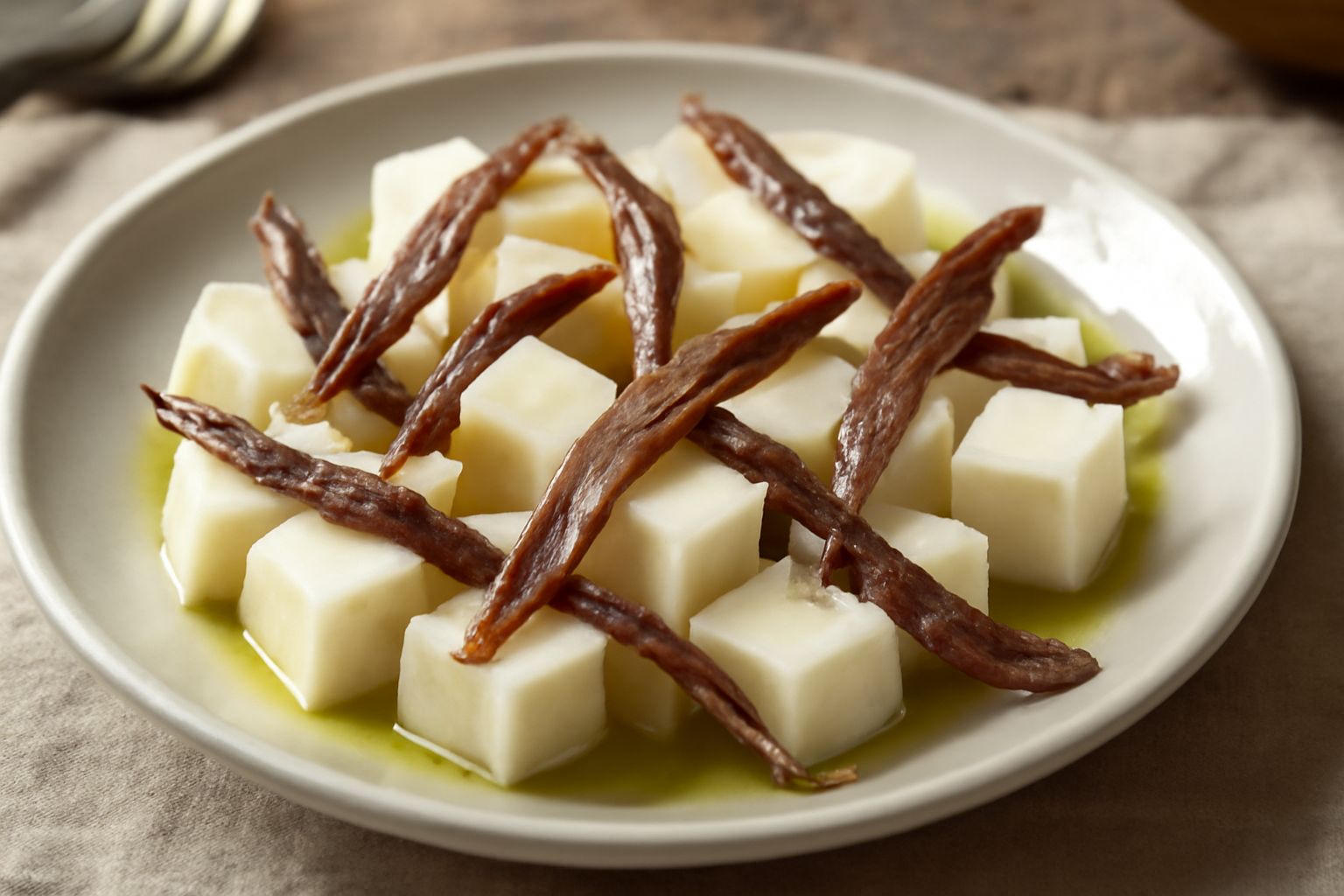 Piatto con cubetti di formaggio fresco bianco crema decorati con filetti di acciuga scura disposti a raggiera, olio verde oliva versato sopra, su fondo bianco con pane tostato accanto