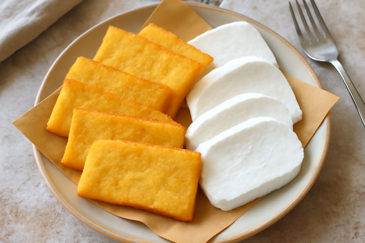 Panelle dorate e fragranti appena fritte disposte su carta bianca, accompagnate da fette di tuma bianca e cremosa, spruzzate di limone, con superficie croccante ben visibile