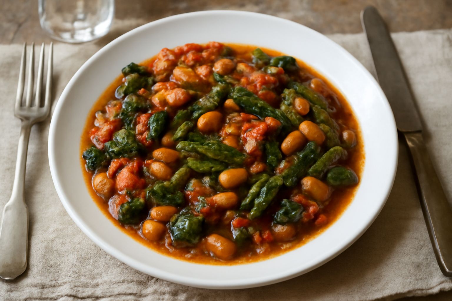 Tumata in piatto bianco: verdure stufate di colore rosso e verde, pomodori teneri, legumi visibili, olio d'oliva lucido in superficie, servita tiepida