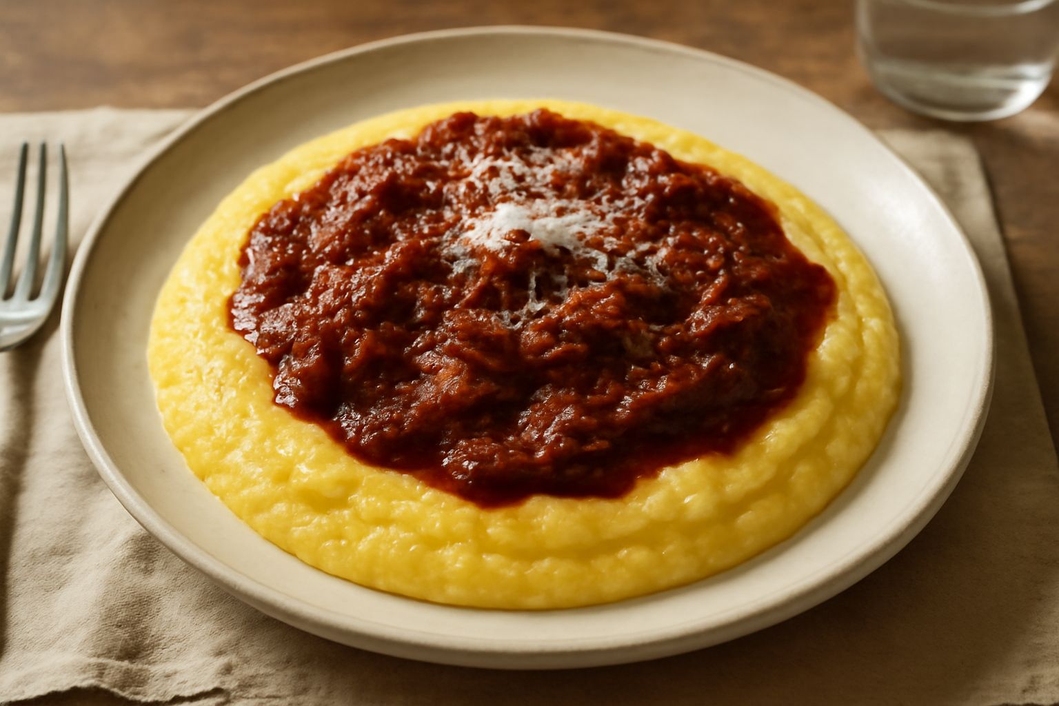Tummala servita in piatto bianco, polenta gialla cremosa ricoperta di ragù rosso bruno con carne sfilacciata, decorata con parmigiano grattugiato e prezzemolo fresco verde