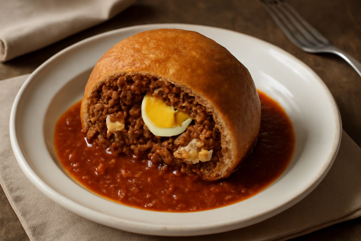 Turciniata affettata su piatto bianco, sezione visibile del ragù rosso con ragù scuro all'interno, crosta dorata, uova sode visibili nella sezione centrale, contorno di verdure di stagione
