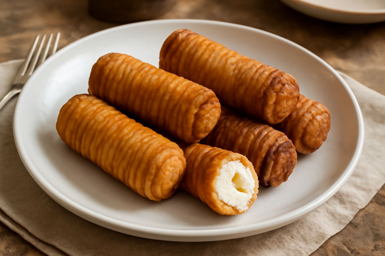 Piatto con otto turcinielli dorati e croccanti, ricoperti di miele trasparente che scivola sui lati, guarniti con granelli di zucchero bianco su carta bianca