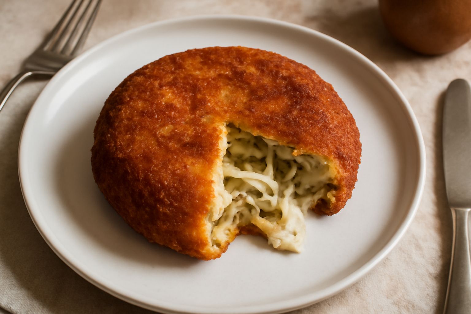 Frittelle di melanzane dorate e croccanti impilate in un piatto bianco, cosparse di sale fino, tagliate a metà per mostrare l'interno tenero e il formaggio filante