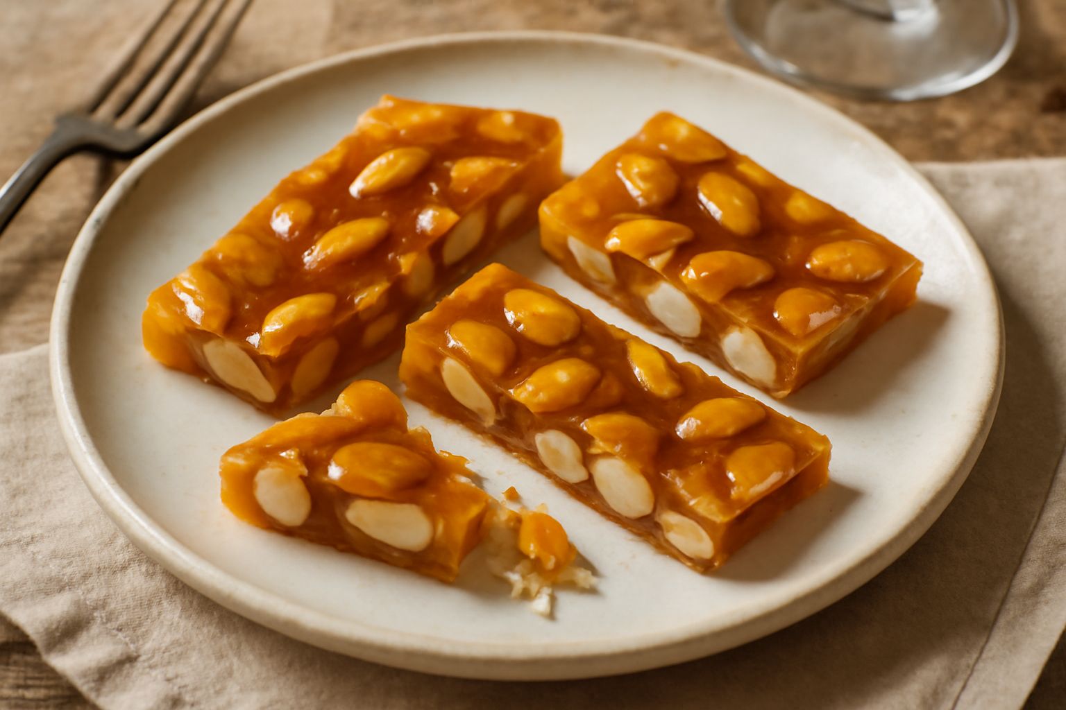 Barretta di turrón tagliata in pezzi quadrati, colore ambrato dorato, mandorle intere visibili nella massa, superficie lucida, poggiata su carta bianca stropicciata, sfondo neutro grigio