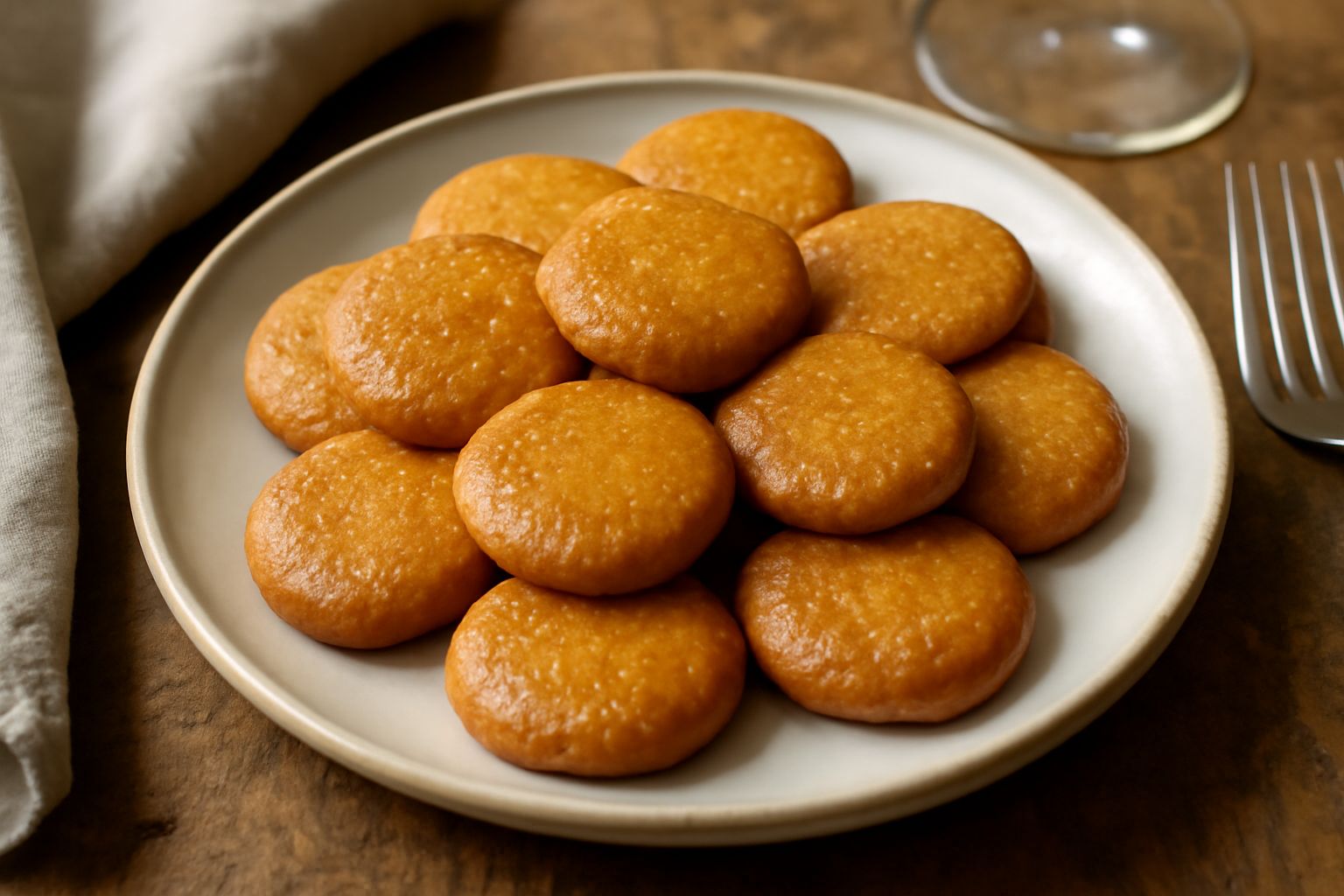 Turtei dorati e croccanti disposti su un piatto bianco, tondi e leggermente appiattiti, con una leggera crosticina caramellata
