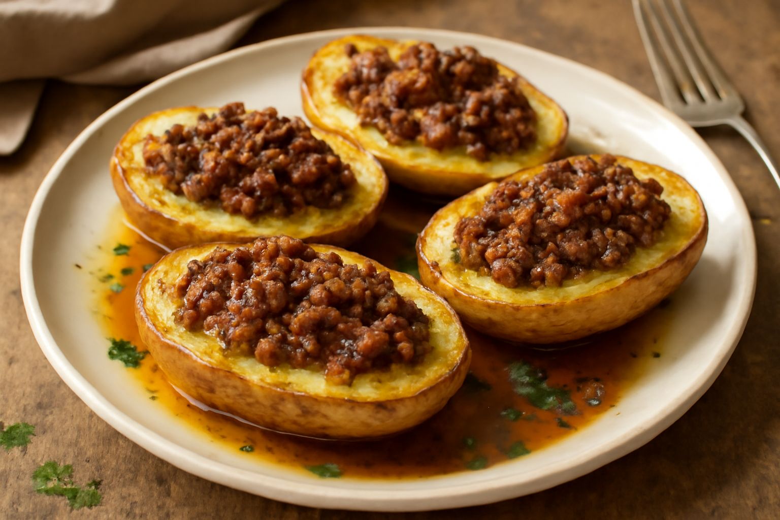 Patate tagliate a metà, riempite di un composto di carne macinata marrone chiaro, guarnite con prezzemolo verde, servite in un piatto bianco su un tavolo di legno naturale