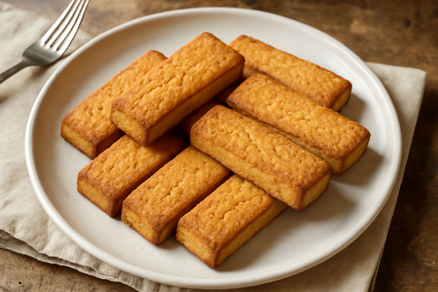 Tzerri color biondo dorato disposti su un piatto bianco, biscotti rettangolari e compatti con una leggerissima screpolatura in superficie, accanto una tazza di caffè
