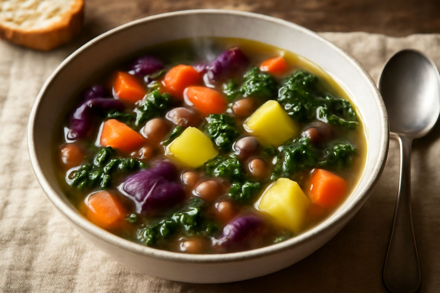 Minestrone fumante in ciotola bianca, con cavolo rosso, carote arancioni, sedano verde, patate gialle visibili nel brodo trasparente, cucchiaio di legno appoggiato al bordo