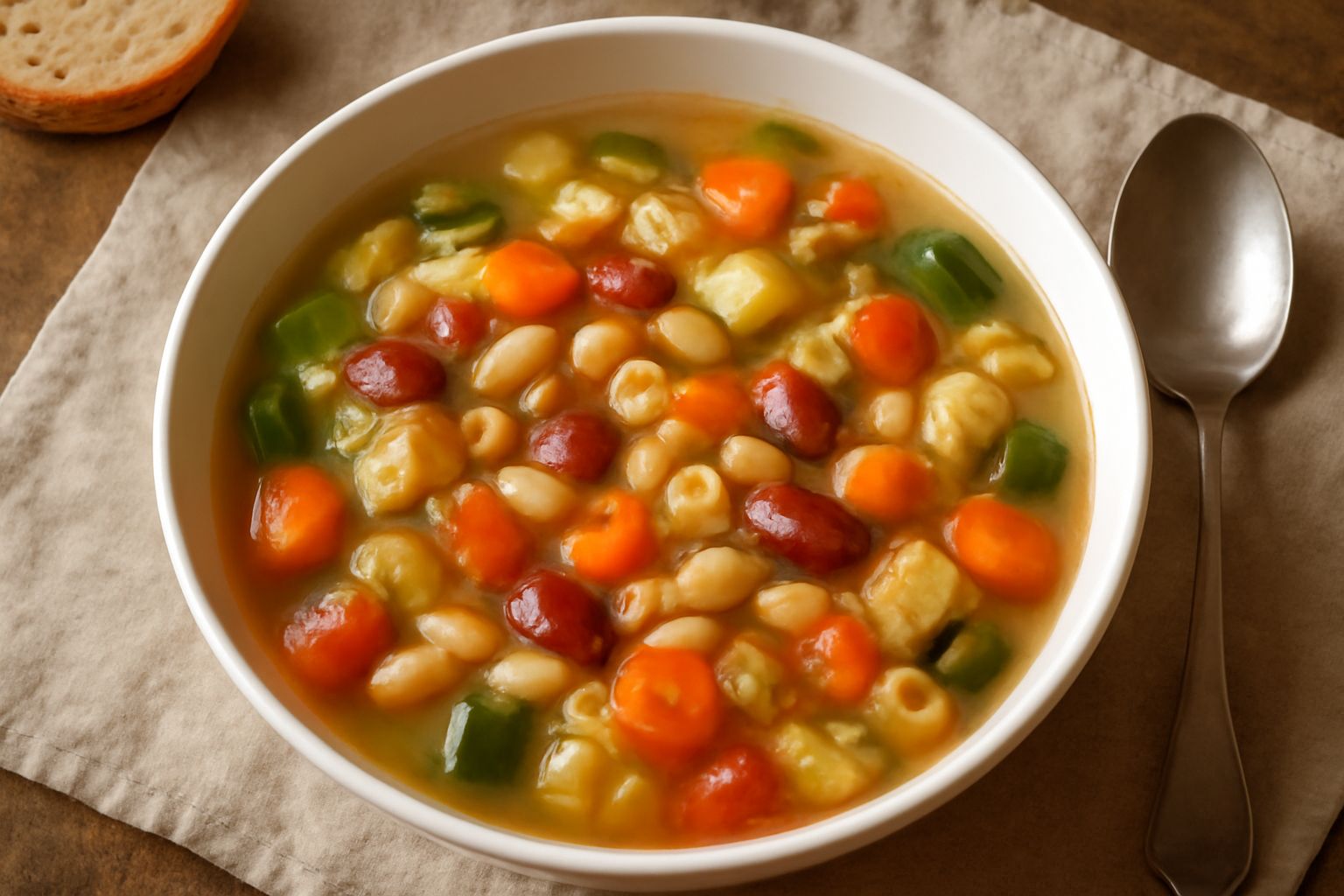 Minestrone iserniese versato in ciotola bianca, con brodo trasparente, chicchi di fagioli rossi e bianchi visibili, carote tagliate, zucchine, pomodori, prezzemolo fresco verde sulla superficie, pane 