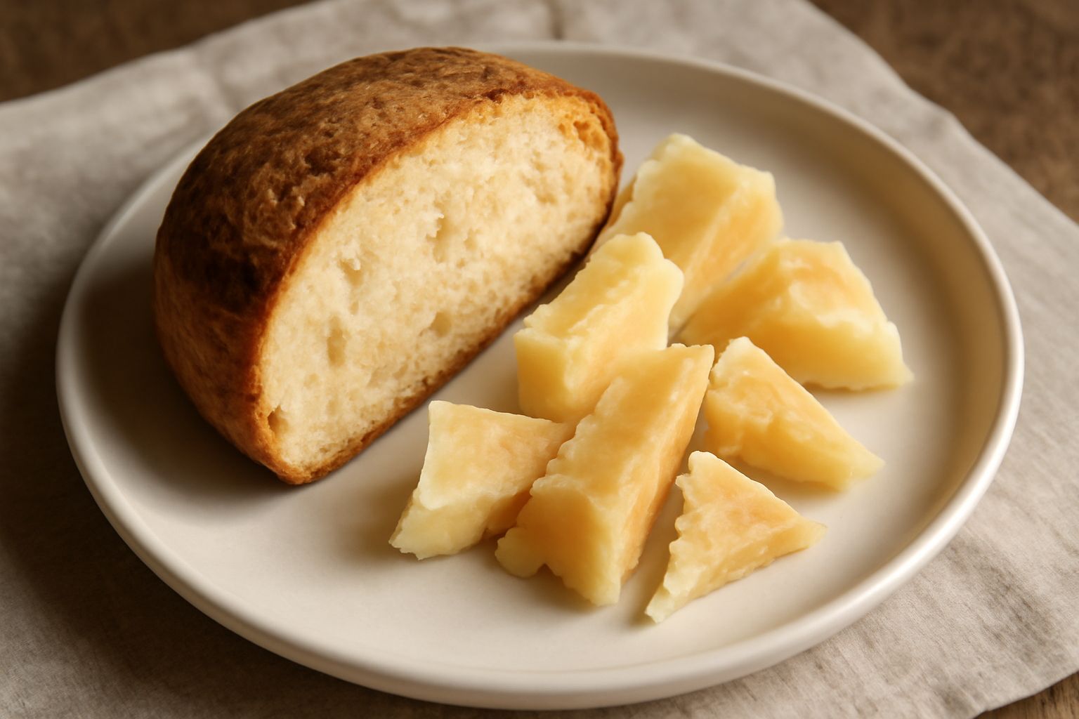 Fetta di pane bigio appena tagliata con coltello, accanto una porzione di formaggio duro giallastro tagliato a spicchi irregolari, serviti su tavolo di legno naturale