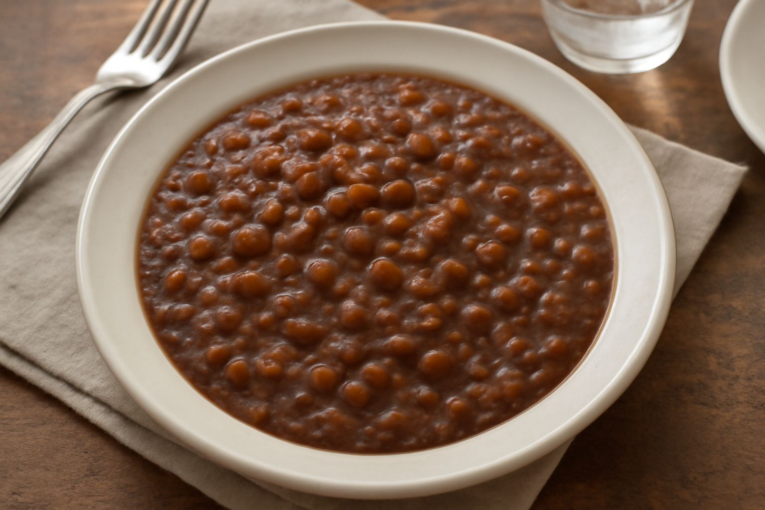 Pasta e fagioli in una ciotola di ceramica bianca, di colore marrone scuro uniforme, con gocce di olio d'oliva in superficie e pepe nero macinato, servita tiepida.