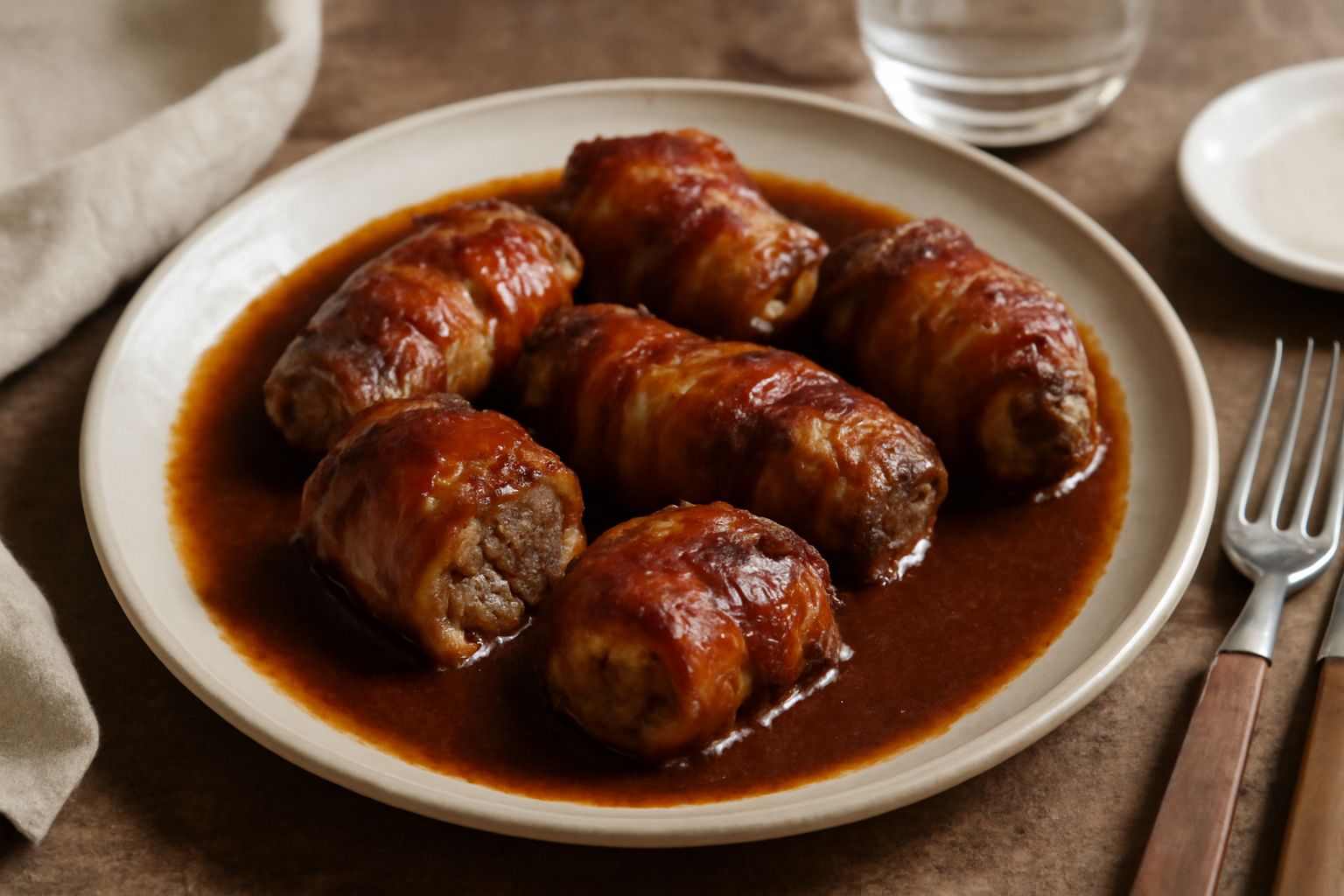 Piatto bianco con otto uccelletti dorati in umido, ricoperti di salsa marrone densa, contornati da carote e sedano morbidi, guarniti con prezzemolo fresco