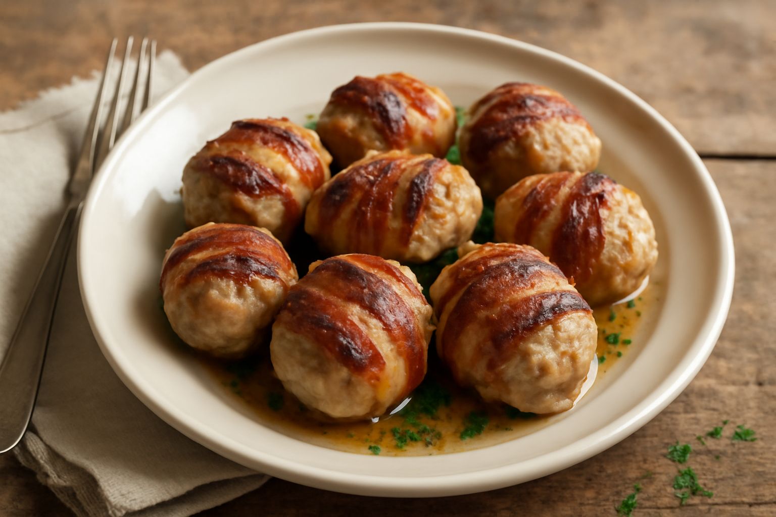 Uccelletti scappati dorati in padella, avvolti in pancetta croccante, circondati da verdure e brodo ristretto nel piatto