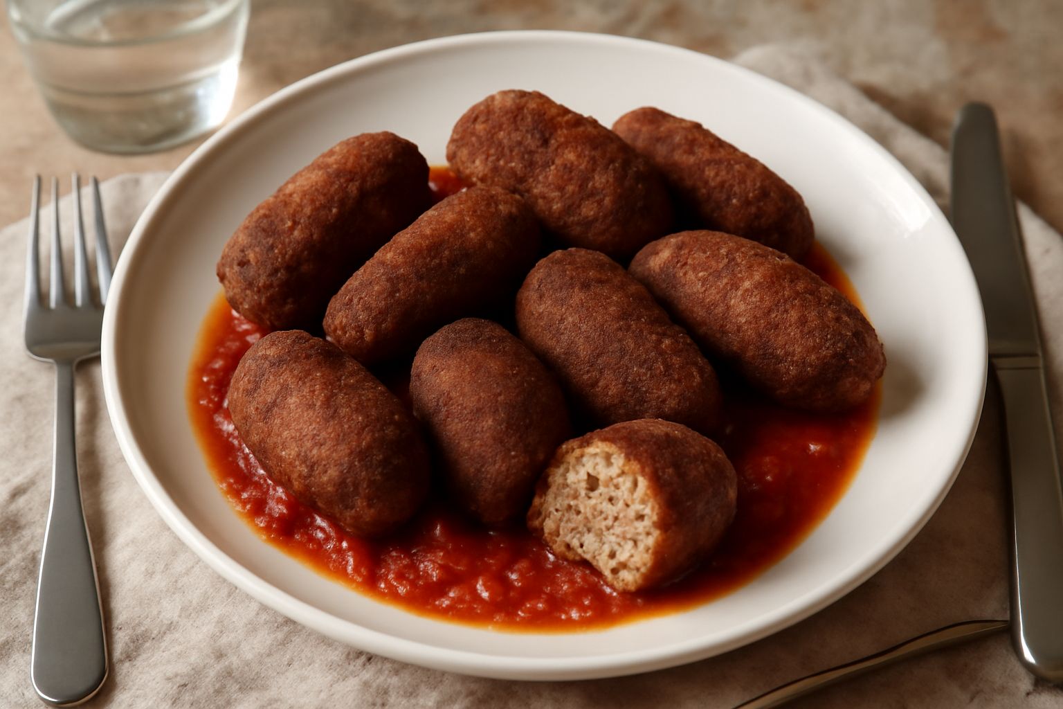Ucedduzzi ripieni dorati e croccanti disposti su un piatto bianco, tagliati a metà per mostrare il ripieno di pane e carne, con un leggero vapore visibile