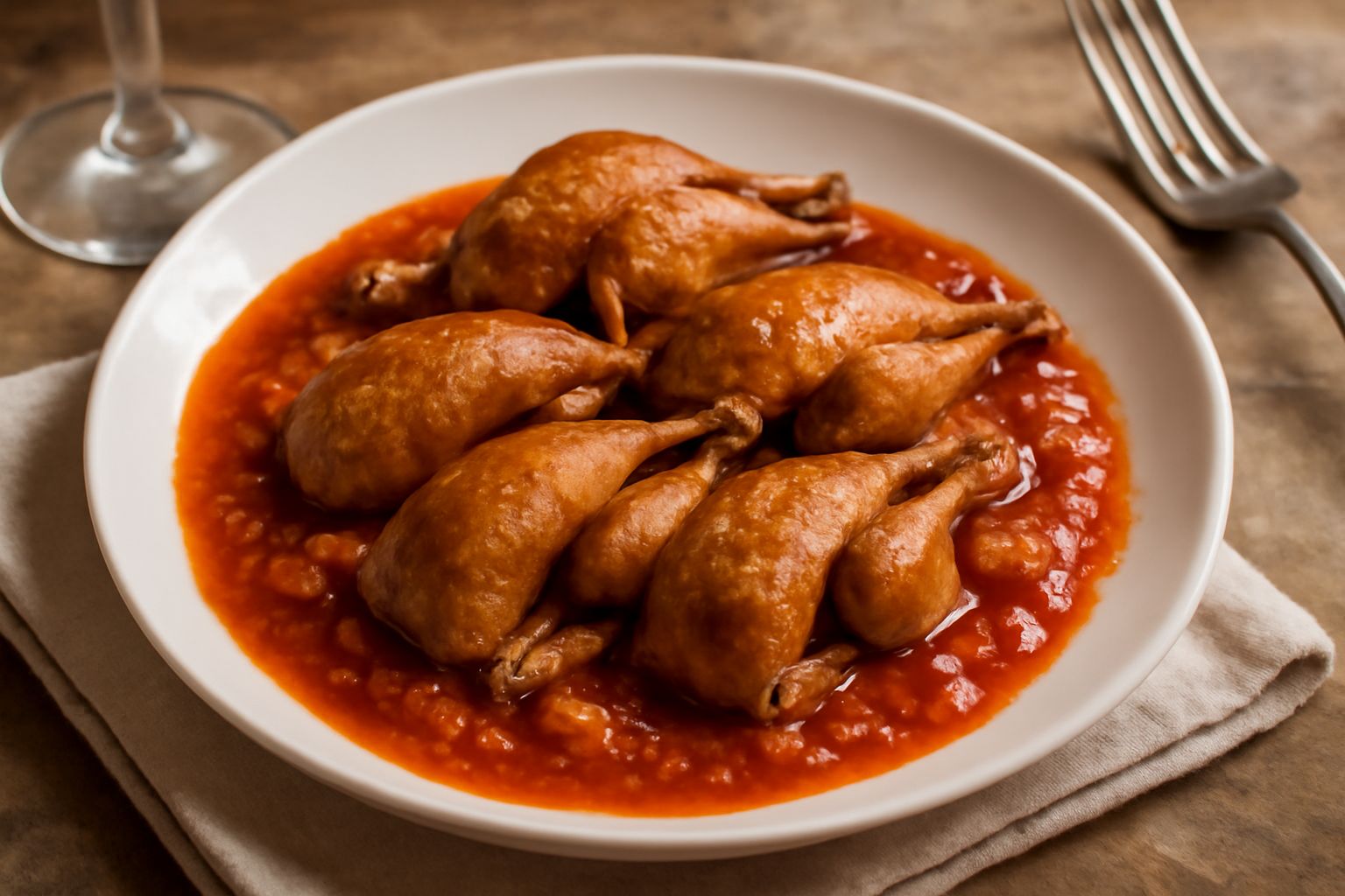 Ucelletti piccoli di colore marrone dorato in un piatto di terracotta con sugo rosso denso a base di pomodoro, contornati da verdure cotte e rosmarino fresco, vapore leggero ancora visibile