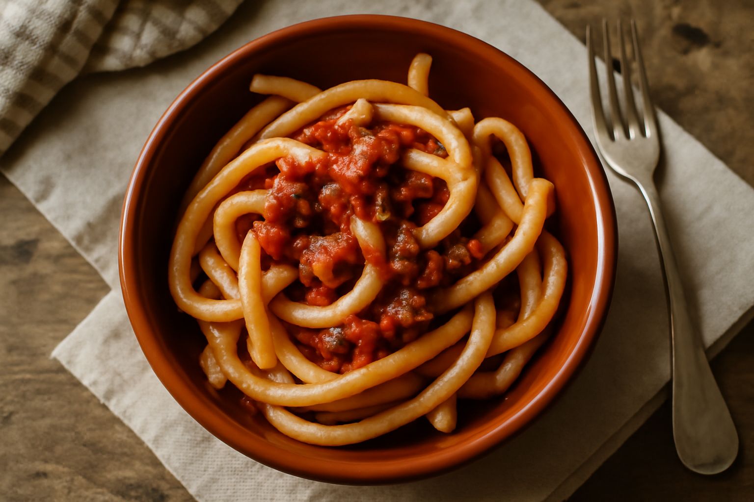 Piatto di umbricelli appena cotti, colore bianco cremoso, spessi come spaghetti, conditi con sugo di pomodoro e guarniti con formaggio grattugiato, su tavolo di legno scuro