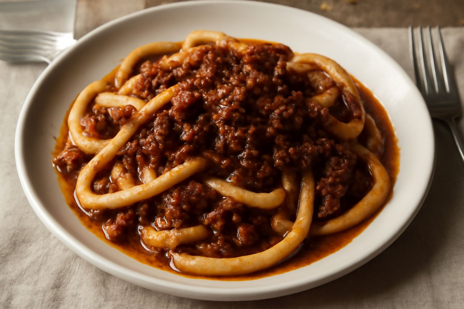 Piatto di umbricelli al ragù con pasta gonfia e ripiena, conditi di ragù scuro con carote e sedano, guarniti con parmigiano grattugiato e prezzemolo verde