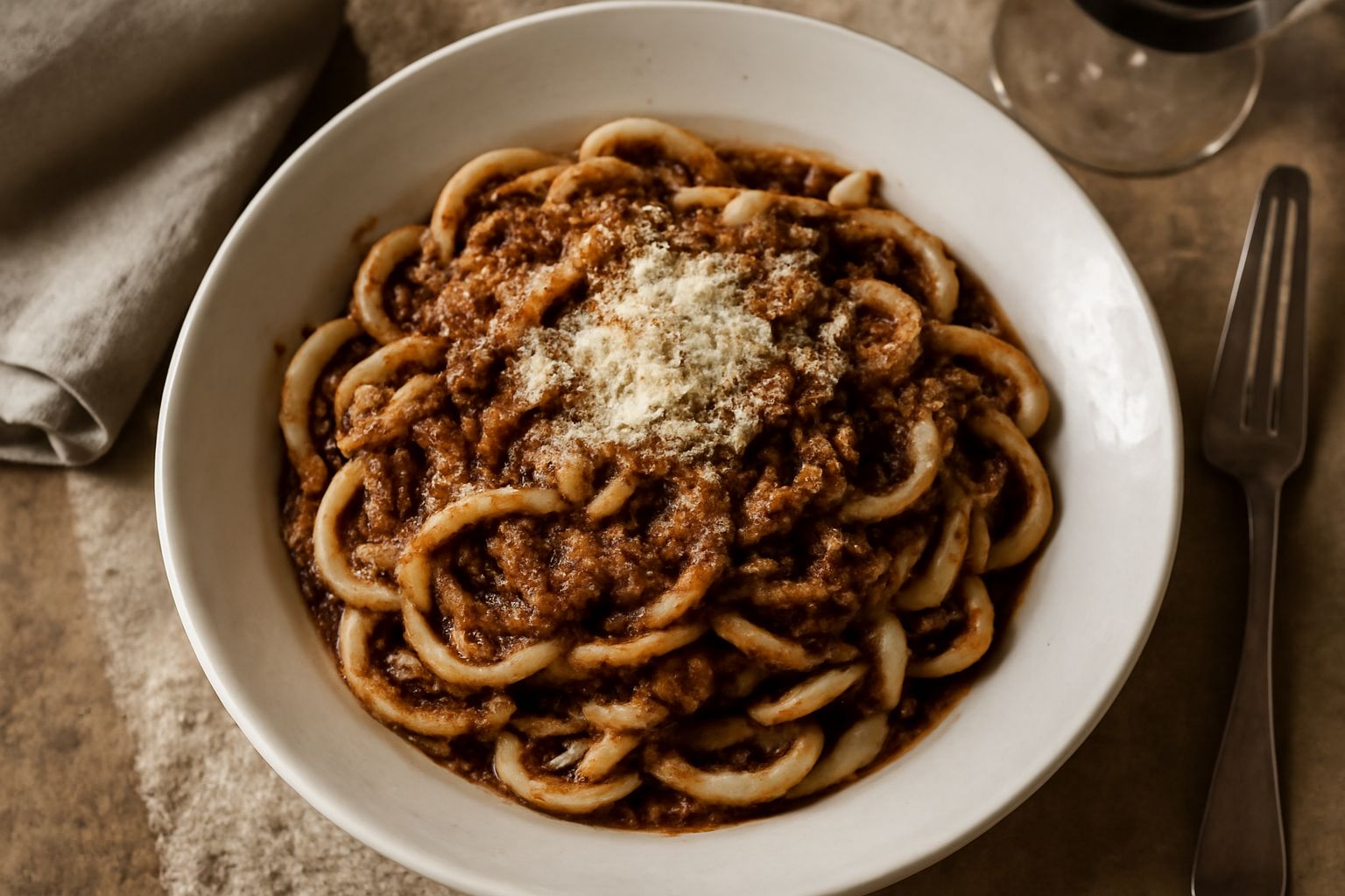 Piatto fondo di umbricelli bianchi e irregolari, ricoperti di ragù marrone scuro di anatra, rifinito con parmigiano grattugiato e prezzemolo fresco