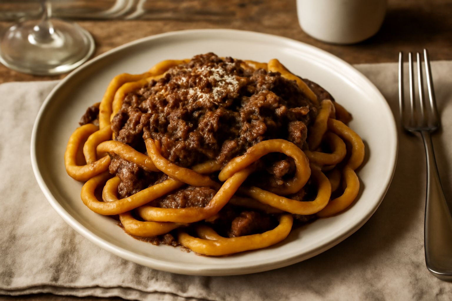 Piatto fondo con umbricelli conditi con ragù scuro di cinghiale, guarniti con parmigiano grattugiato e prezzemolo fresco, serviti su sfondo rustico