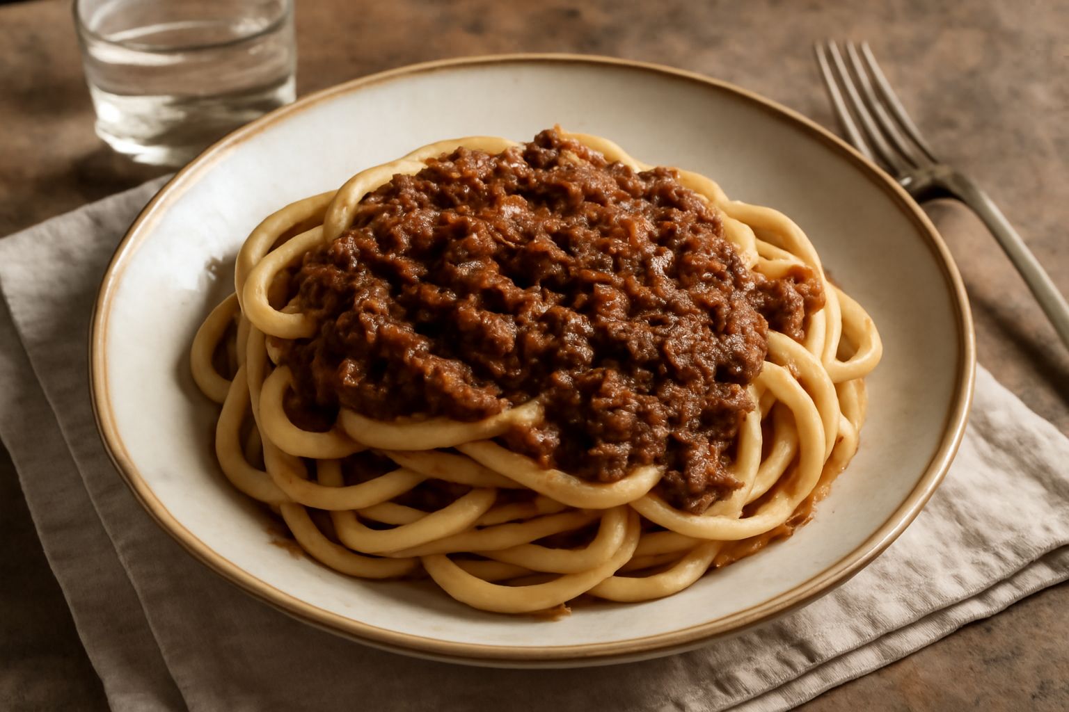 Umbricelli al ragù di lepre serviti in un piatto bianco, pasta color crema avvolta attorno alla forchetta con ragù marrone scuro, grattugiato di pecorino bianco e prezzemolo fresco, sfondo rustico in 
