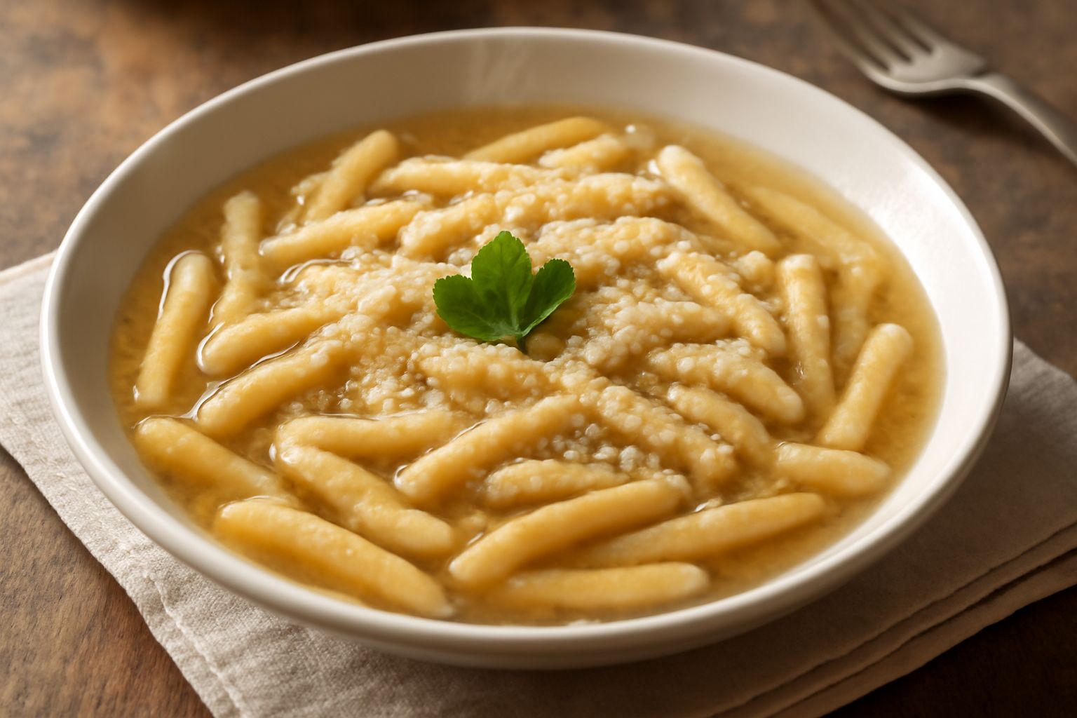 Ciotola bianca di ceramica piena di umbricelli in brodo, con il brodo trasparente e dorato, i bastoncini di pasta color grano disposti casualmente, una foglia di prezzemolo fresco verde sulla superfic