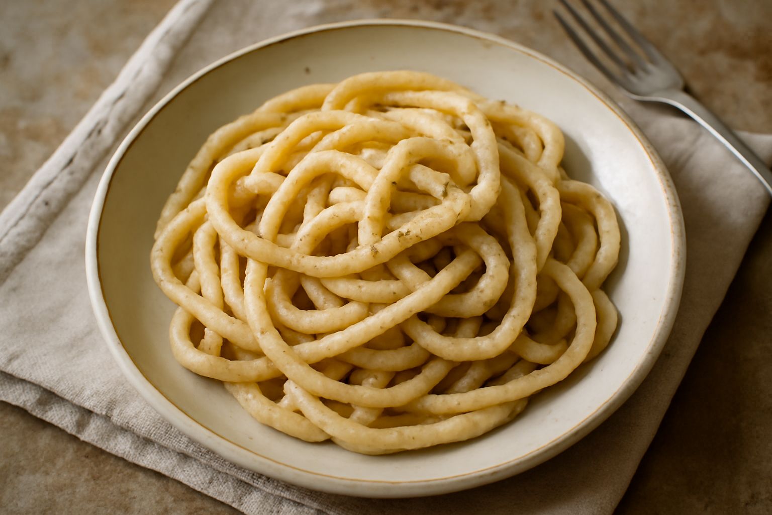 Piatto di umbrichelli ricoperti da ragù di carne leggero, guarniti con parmigiano grattugiato e prezzemolo fresco, serviti in un piatto bianco fondo