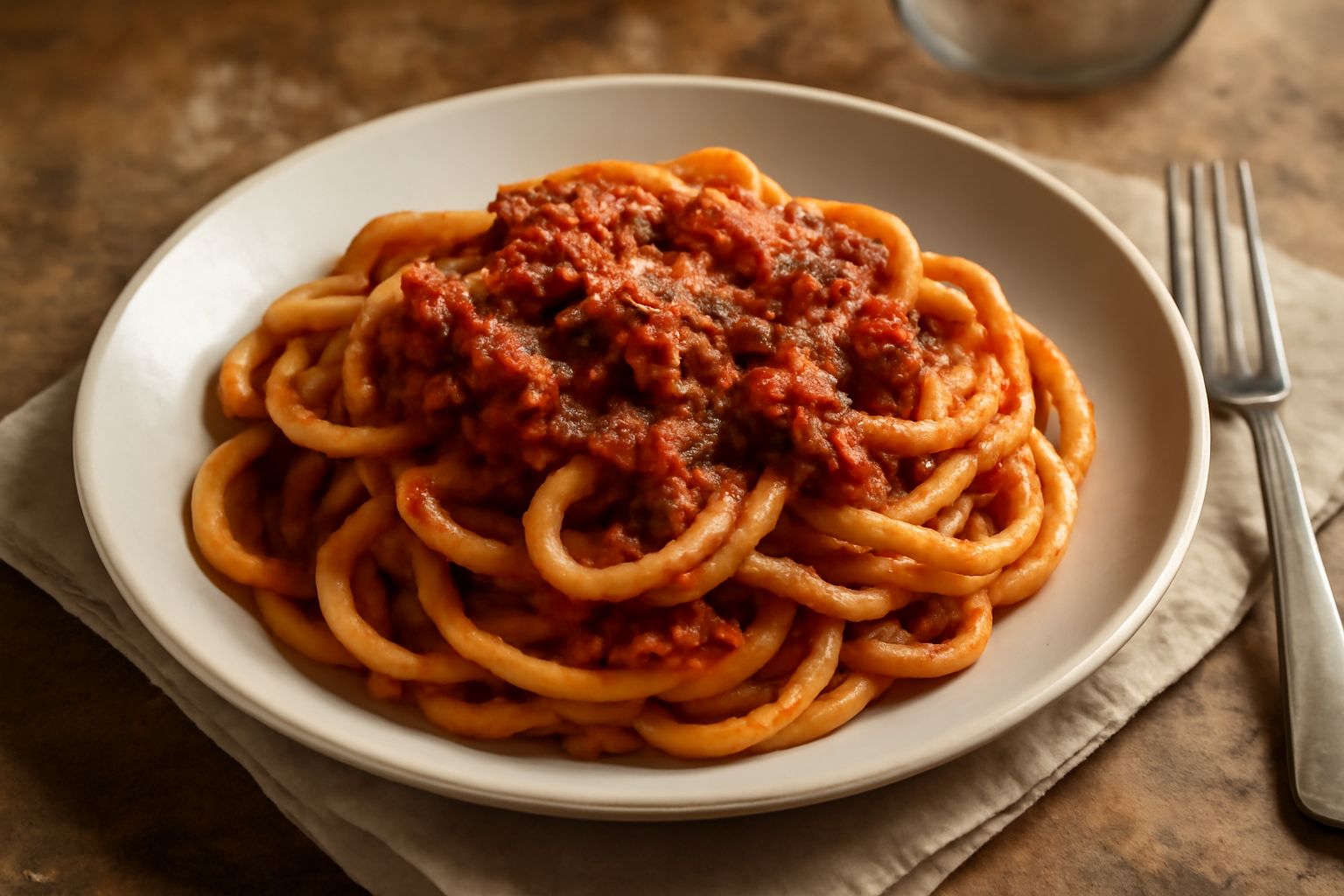 Piatto di umbrichelli al ragù: spaghetti spessi bianchi e irregolari ricoperti da ragù rosso scuro con carne macinata, serviti in ciotola bianca, con parmigiano grattugiato e basilico fresco