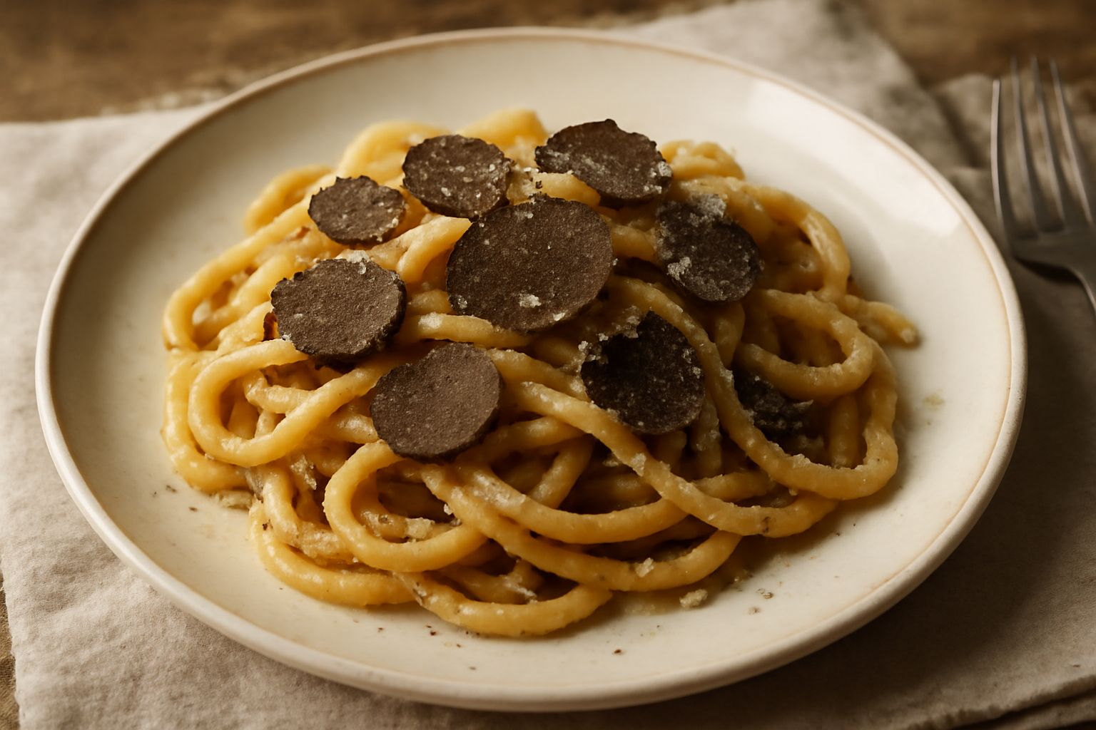 Piatto di umbrichelli color nocciola conditi con scaglie di tartufo nero, burro lucido e formaggio grattugiato, serviti su piatto bianco con tovaglia di lino