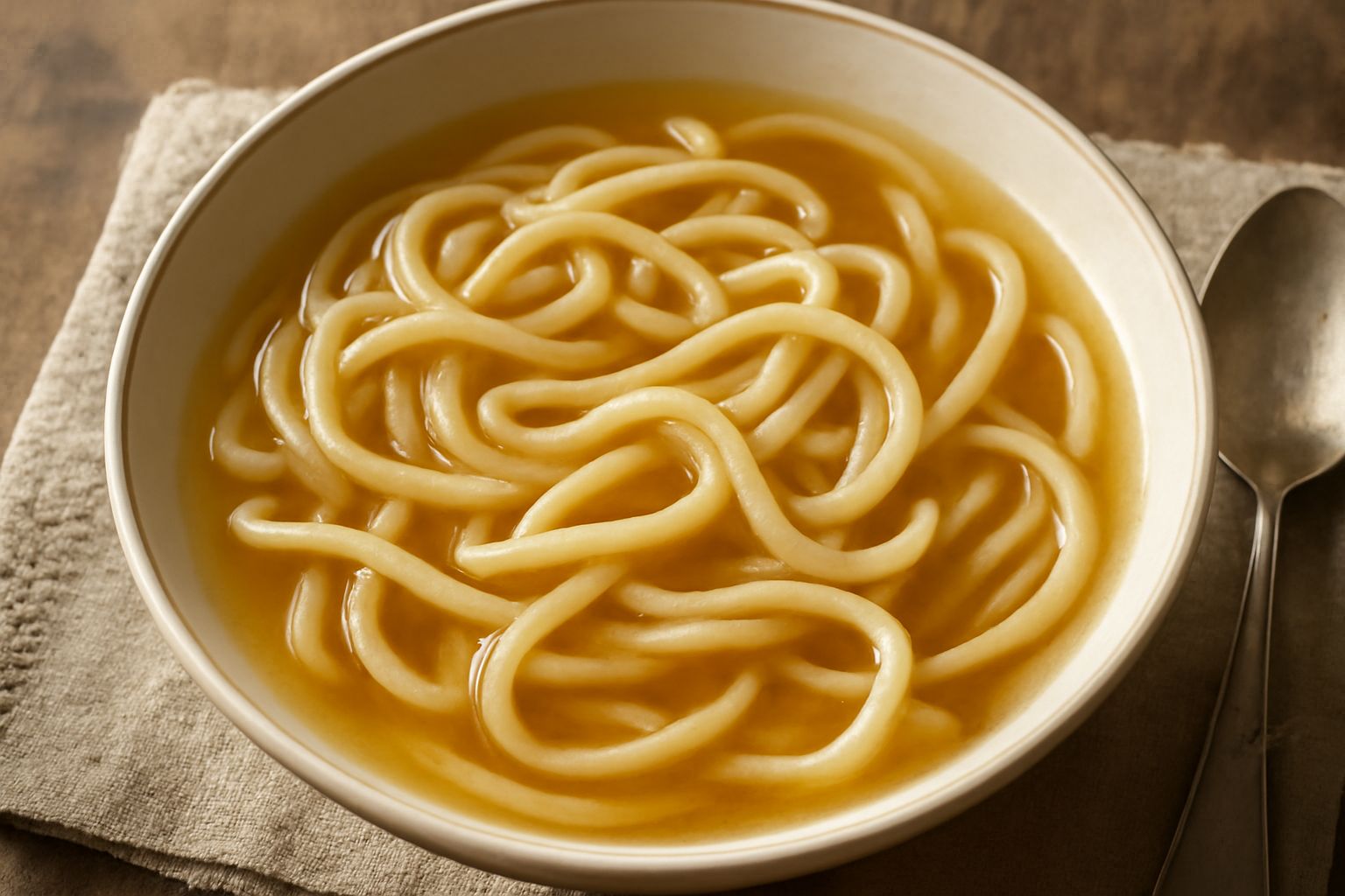 Scodella bianca con umbrichelli lunghi e ondulati immersi in brodo di gallina trasparente e dorato, con qualche goccia di olio d'oliva in superficie e prezzemolo fresco tritato