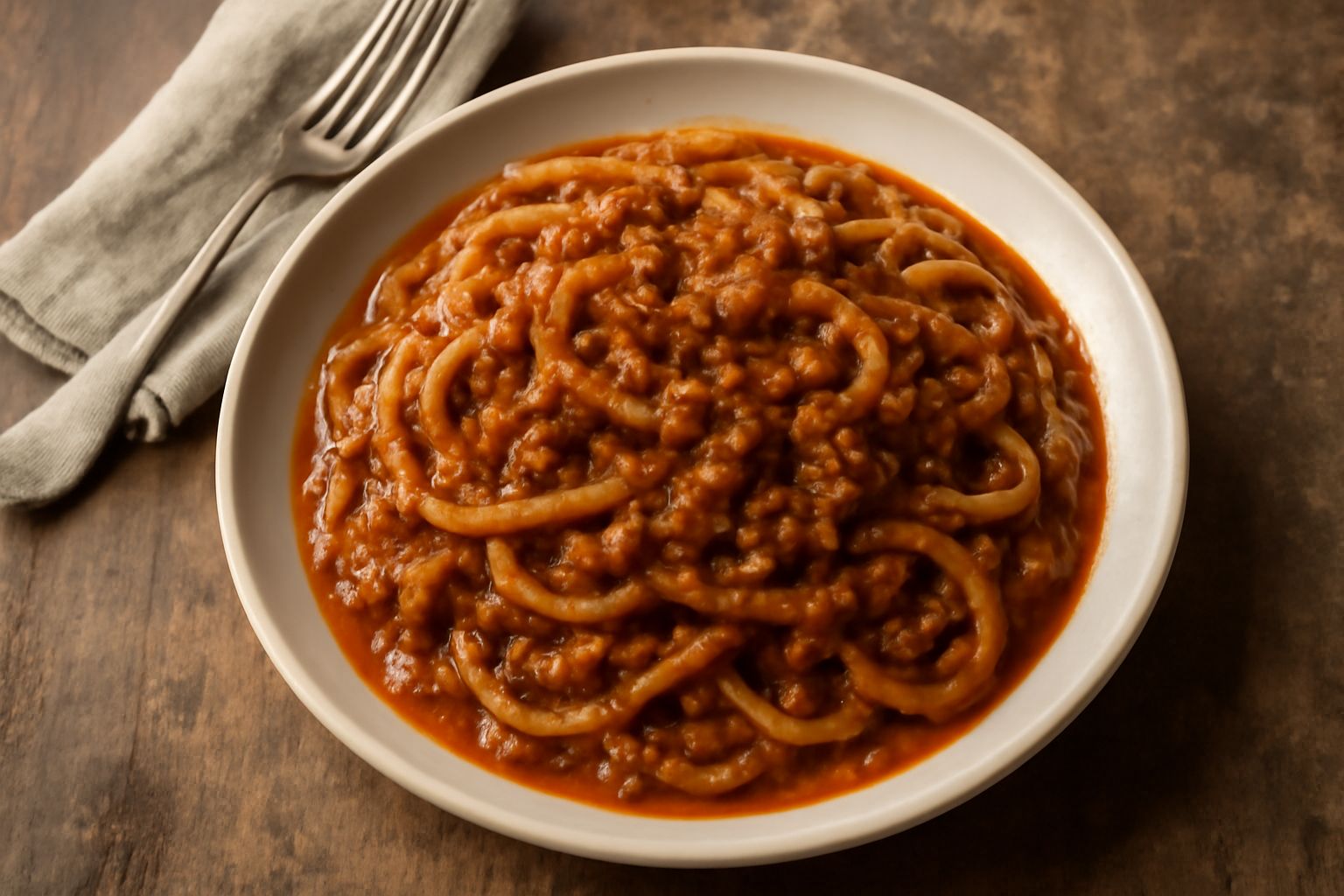 Piatto di umbrichelli in umido serviti con ragù marrone, verdure morbide e un filo di olio d'oliva, guarniti con prezzemolo fresco, su una ceramica bianca rustica