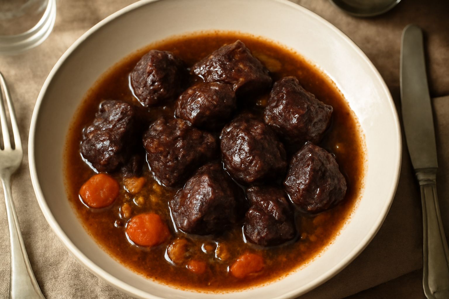 Umido di carne d'asinu in pentola di coccio, carne marrone scuro e tenera circondato da brodo ricco con verdure soffritte, cipolla, sedano e carota visibili, vapore leggero dalla superficie
