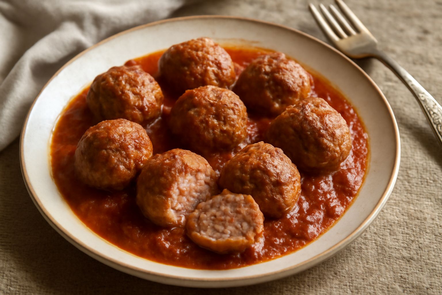 Quattro ova di ragù dorate disposte in un piatto bianco con ragù rosso scuro, cipolla fresca affettata sottile sul bordo, cucchiaio di legno accanto