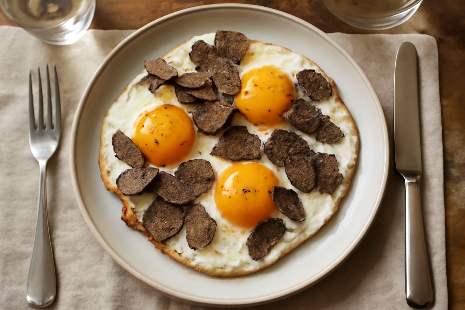 Piatto bianco con uova strapazzate di colore giallo crema, cosparse di sottili scaglie nere di tartufo, guarnite con erba cipollina fresca verde, servite calde con pane tostato ai lati