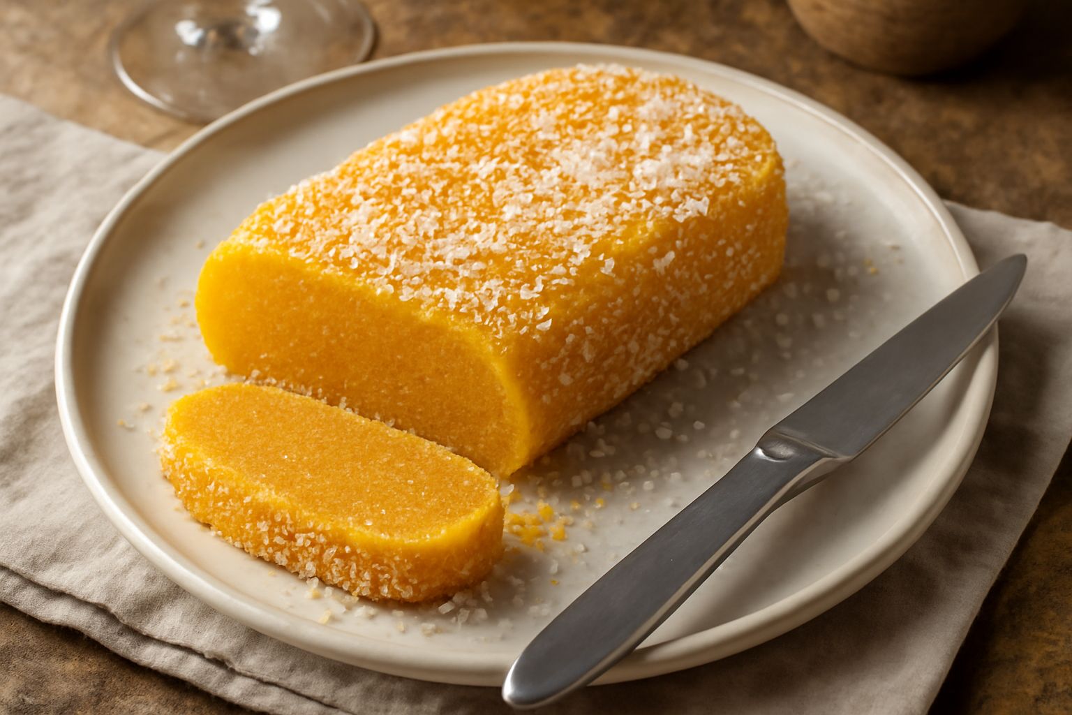 Uova di bottarga salata in una ciotola di terracotta, di colore giallo-arancio intenso, leggermente umide dalla salamoia, con cristalli di sale grosso visibili sulla superficie e uno spicchio di limon