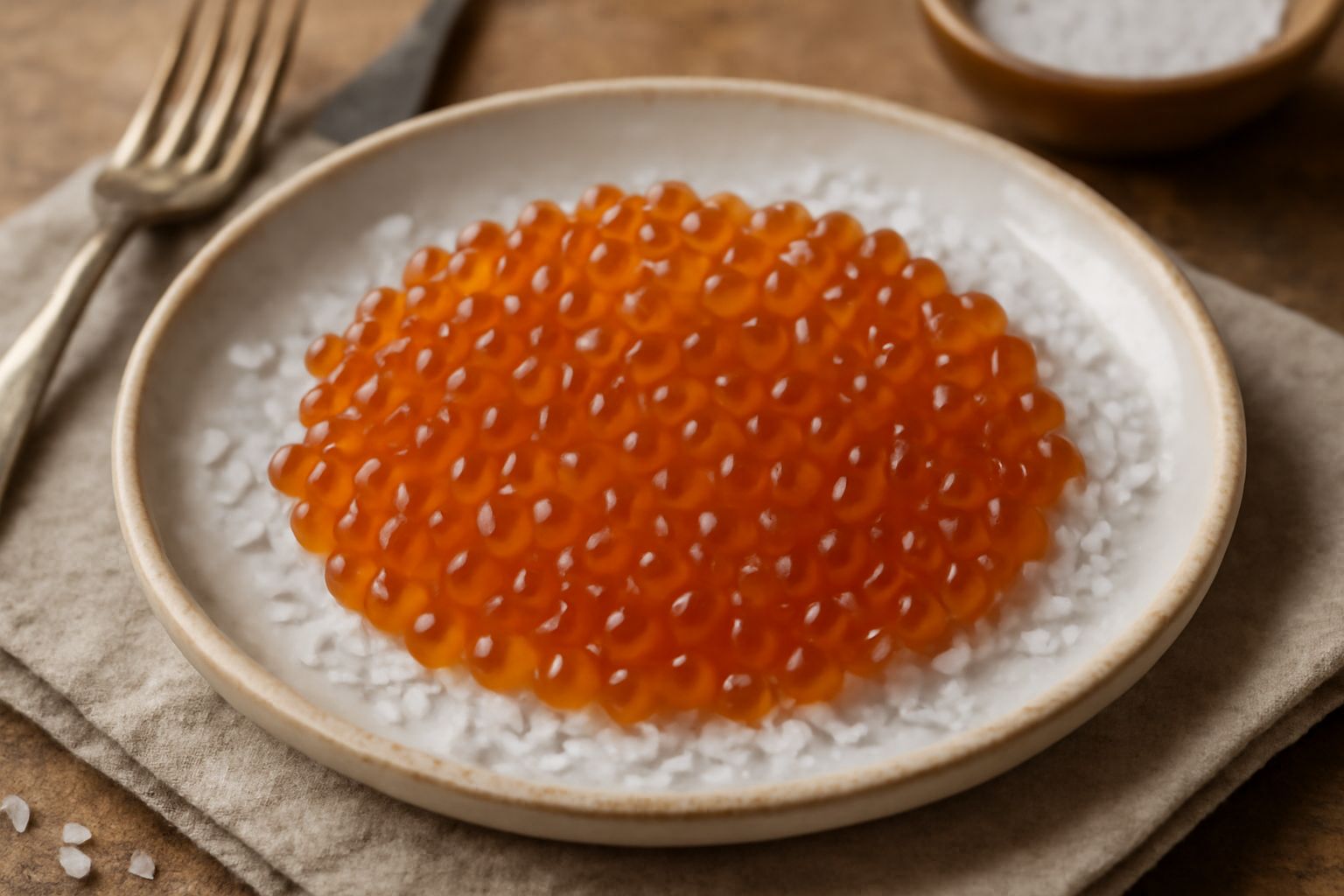 Uova di pesce color ambrato-arancio disposte in una ciotola di ceramica bianca, superficie lucida e granuli di sale grosso sparsi attorno, olio d'oliva che goccia da un cucchiaio di legno