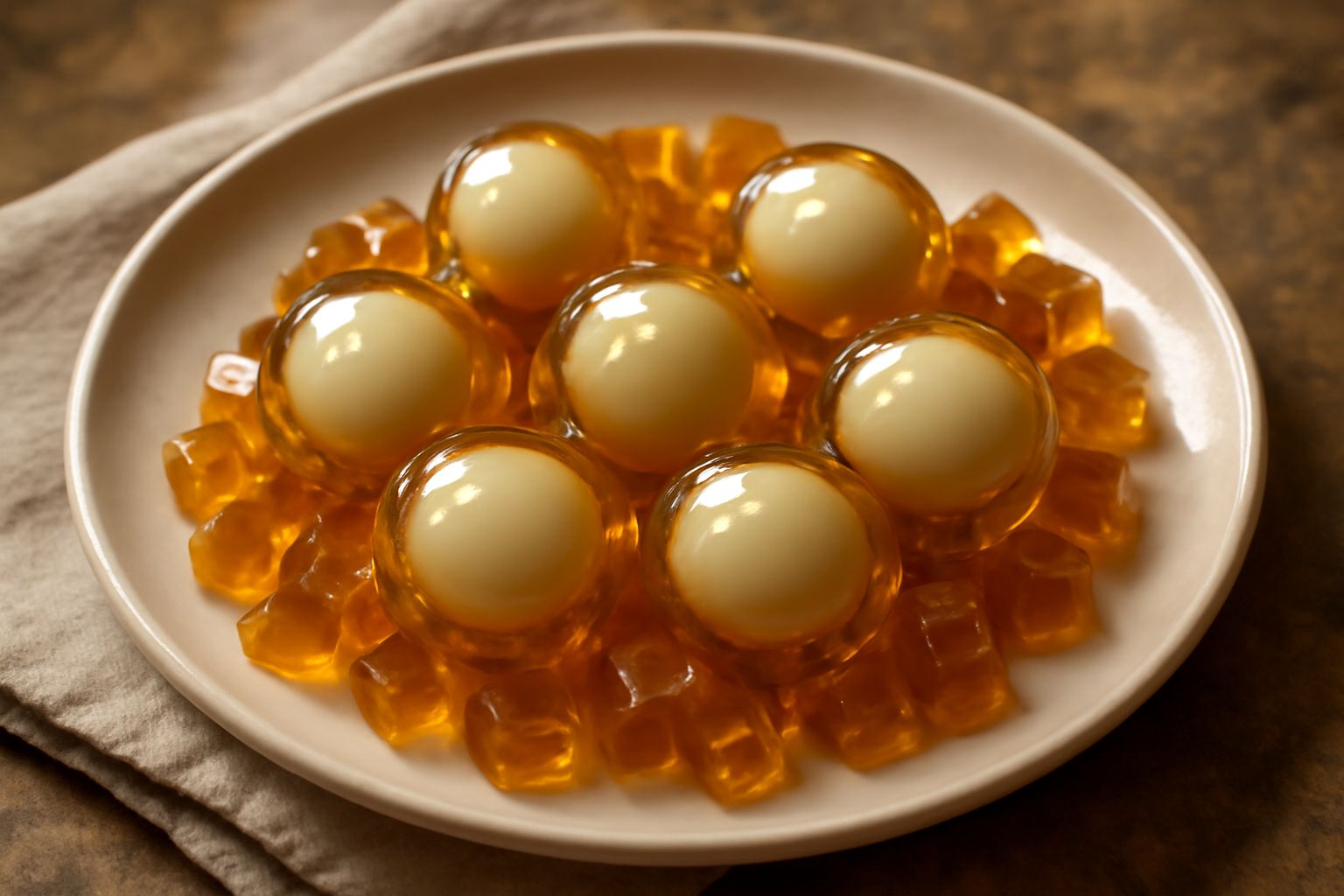 Uova di quaglia intere immerse in aspic trasparente e lucido, servite su un piatto bianco con cubetti di gelatina ambrata intorno, guarnite con erbe aromatiche fresche