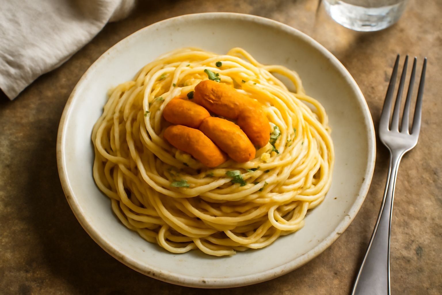 Uova di riccio arancioni e rosso intenso disposte su un piatto bianco con limone tagliato e pane tostato accanto, sfondo scuro