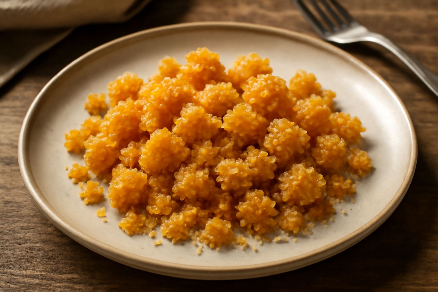 Uova di riccio salate dorate e croccanti disposte su un piatto bianco con cristalli di sale marino grosso visibili sulla superficie, sfondo neutro